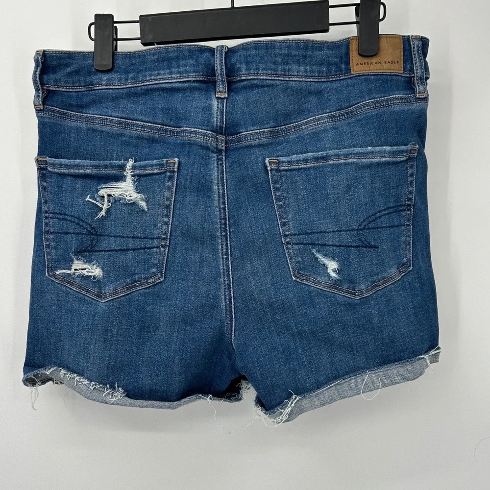American Eagle High V-Rise Shortie Distressed Denim Shorts Blue Womens Size 10
